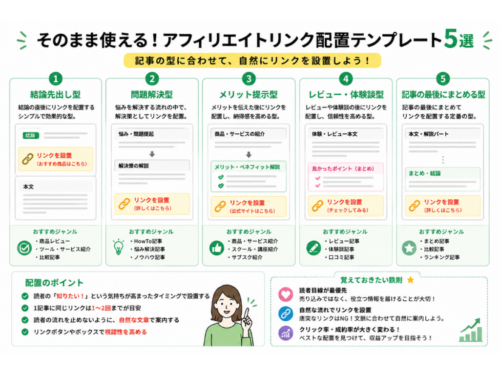 アフィリエイトリンクを効果的に配置するテンプレートをまとめた図。記事の結論、問題解決、メリット紹介、レビュー・体験談、記事の最後など、クリック率・成約率を高めるおすすめのリンク配置例と設置のポイントをわかりやすく解説したインフォグラフィック。