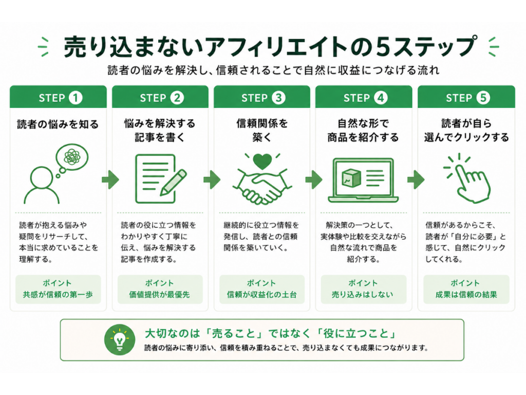 売り込まないアフィリエイトの5ステップをまとめた図。読者の悩みを知る、悩みを解決する記事を書く、信頼関係を築く、自然な形で商品を紹介する、読者が自らクリックするまでの流れを、アイコンと矢印でわかりやすく解説したインフォグラフィック。