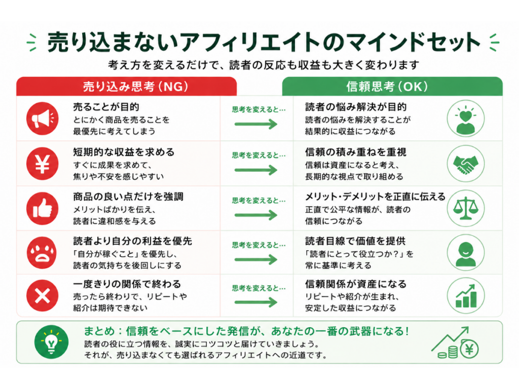 売り込まないアフィリエイトのマインドセットを解説した図。左側は「売り込み思考（NG）」として売上優先・短期利益・メリットだけを伝える・自己利益優先・一度きりの関係を示し、右側は「信頼思考（OK）」として悩み解決・信頼の積み重ね・メリットとデメリットを正直に伝える・読者目線・長期的な信頼関係による安定収益を比較したインフォグラフィック。