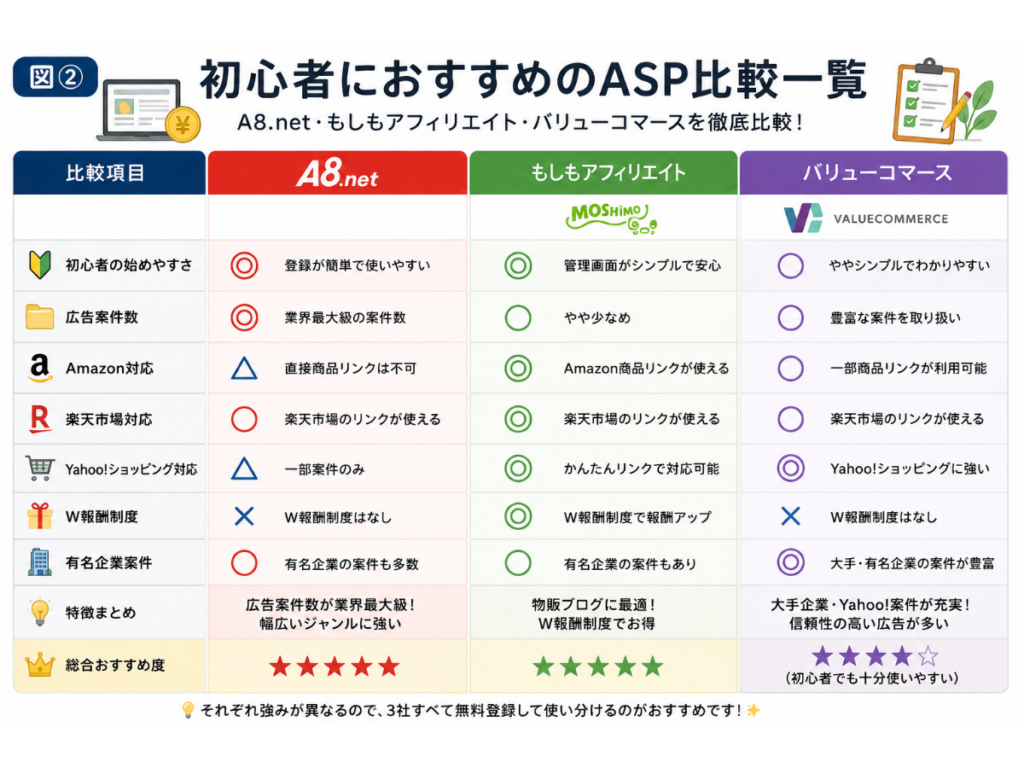A8.net・もしもアフィリエイト・バリューコマースの違いを初心者向けに比較したインフォグラフィック。広告案件数、Amazon・楽天市場・Yahoo!ショッピング対応、W報酬制度、有名企業案件、初心者の始めやすさなどを一覧表で比較し、自分に合ったASPを選べるようにわかりやすく解説した画像。