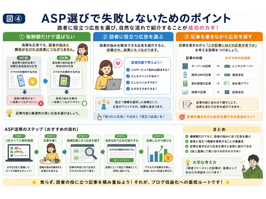 ASP選びで失敗しないポイントを初心者向けに図解したインフォグラフィック。報酬額だけで広告を選ばず、読者に役立つ広告を選ぶことや、記事を書きながら最適な広告を探す方法、ASP活用から収益化までの5ステップをわかりやすく解説した画像。