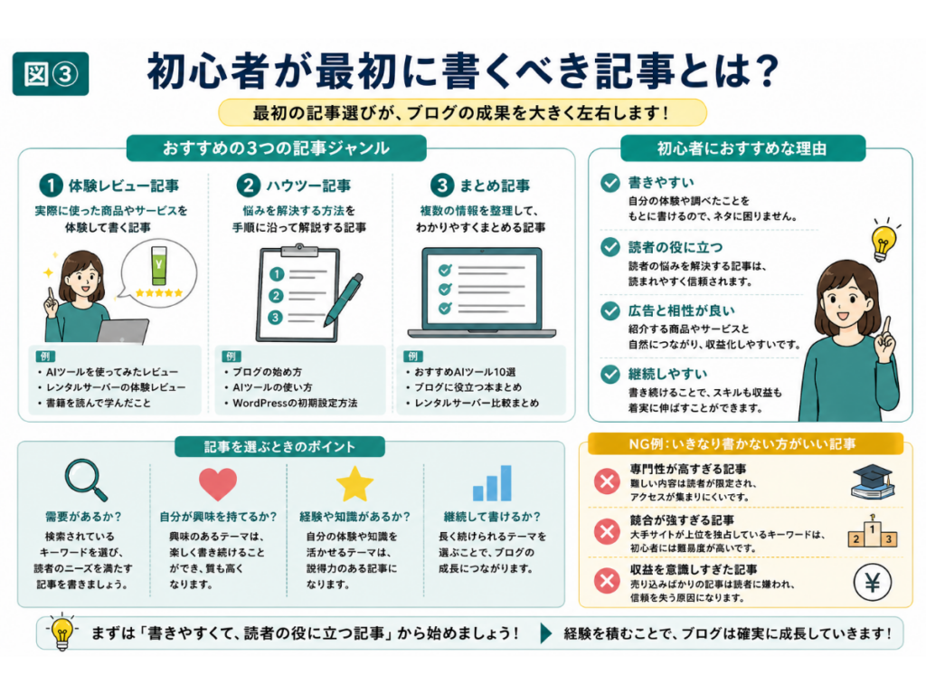 ブログ初心者が最初に書くべき記事をまとめた図解。体験レビュー記事、ハウツー記事、まとめ記事の特徴や選び方、初心者におすすめする理由、記事選びのポイント、避けたい記事例をわかりやすく紹介したインフォグラフィック。