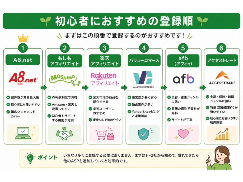 ブログ初心者におすすめのASP登録順をまとめた比較図。A8.net、もしもアフィリエイト、楽天アフィリエイト、バリューコマース、afb、アクセストレードの特徴と、おすすめの登録順を初心者向けにわかりやすく紹介したインフォグラフィック。