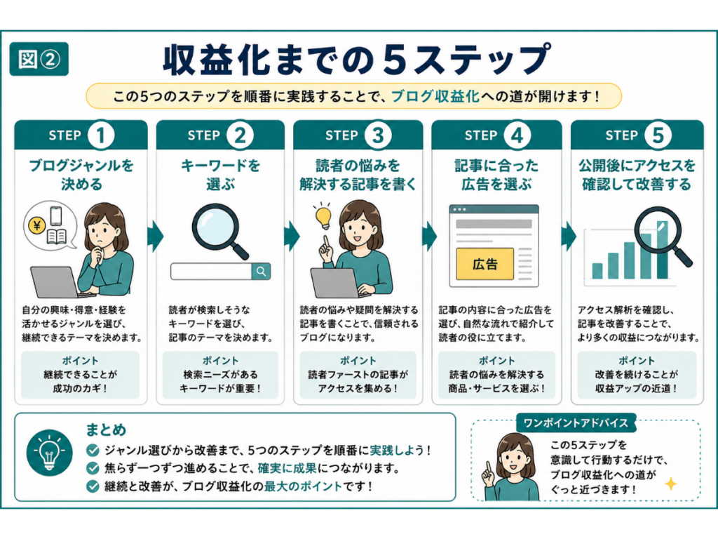 ブログ初心者向けに収益化までの5ステップを図解したインフォグラフィック。ブログジャンルの決定、キーワード選定、読者の悩みを解決する記事作成、記事に合った広告選び、公開後のアクセス解析と改善までの流れをわかりやすく解説した図。