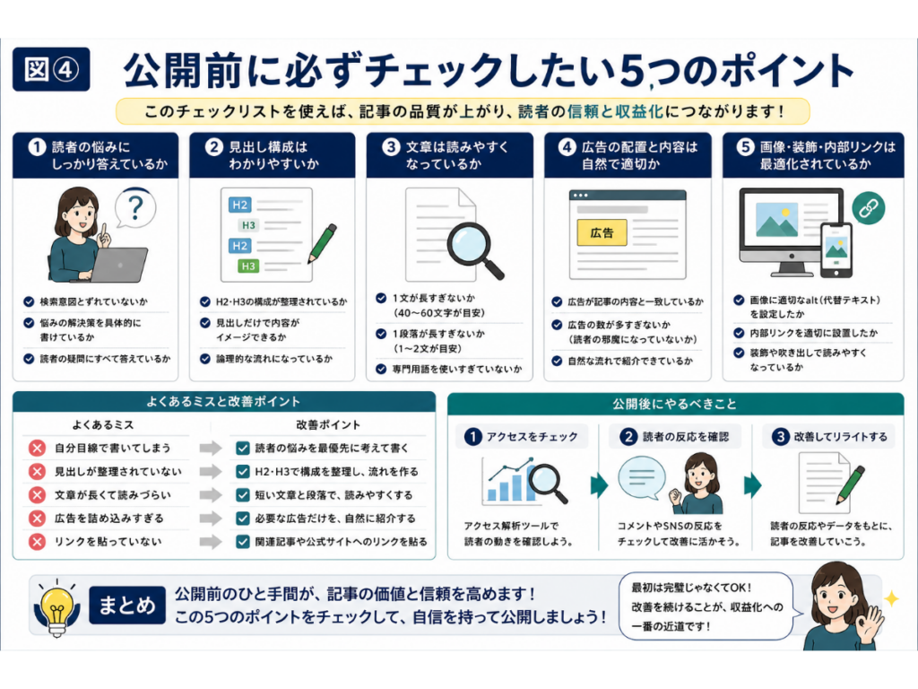 ブログ初心者向けに収益化を続けるための改善ポイントをまとめた図解。公開前に確認したい5つのチェックポイント、よくある失敗と改善方法、公開後のアクセス確認・改善の流れを初心者にもわかりやすく紹介したインフォグラフィック。