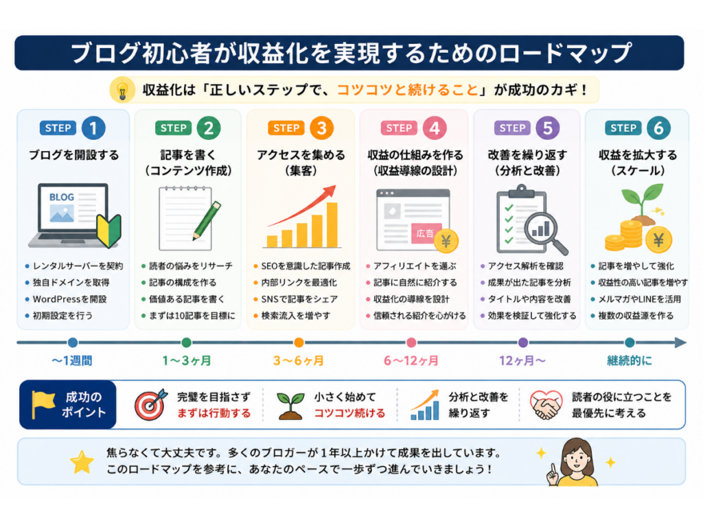 ブログ初心者が収益化を実現するためのロードマップを初心者向けに図解したインフォグラフィック。ブログ開設、記事作成、アクセス獲得、収益の仕組み作り、改善の繰り返し、収益拡大までの6つのステップを時系列でわかりやすく解説した図。焦らず継続し、読者の役に立つ記事を書き続けることが収益化への近道であることを示している。