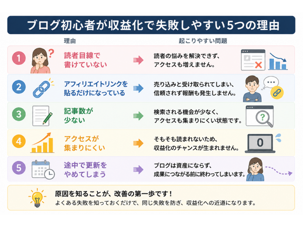 ブログ初心者が収益化で失敗しやすい5つの理由を初心者向けに図解したインフォグラフィック。読者目線で書けていない、アフィリエイトリンクを貼るだけ、記事数が少ない、アクセスが集まりにくい、途中で更新をやめてしまうという代表的な失敗例と、それぞれで起こりやすい問題をわかりやすく解説した図。