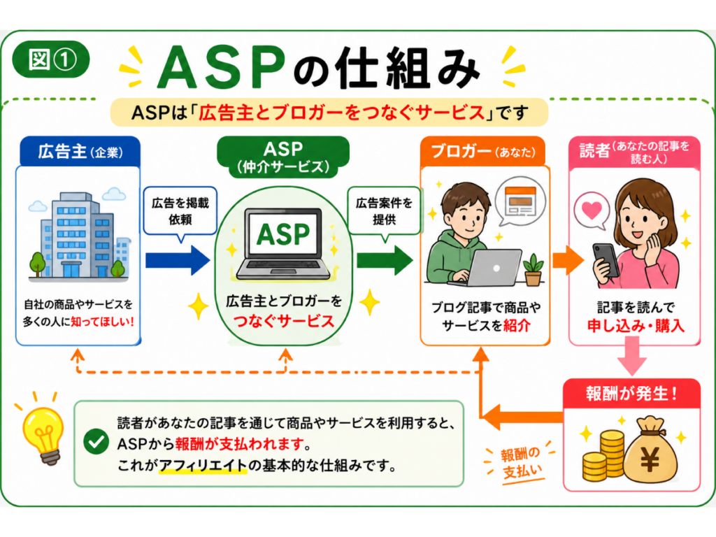 ASPの仕組みを初心者向けに図解したインフォグラフィック。広告主、ASP、ブロガー、読者の関係と、記事で商品やサービスを紹介して読者が申し込むことで報酬が発生するアフィリエイトの流れをわかりやすく解説した図。