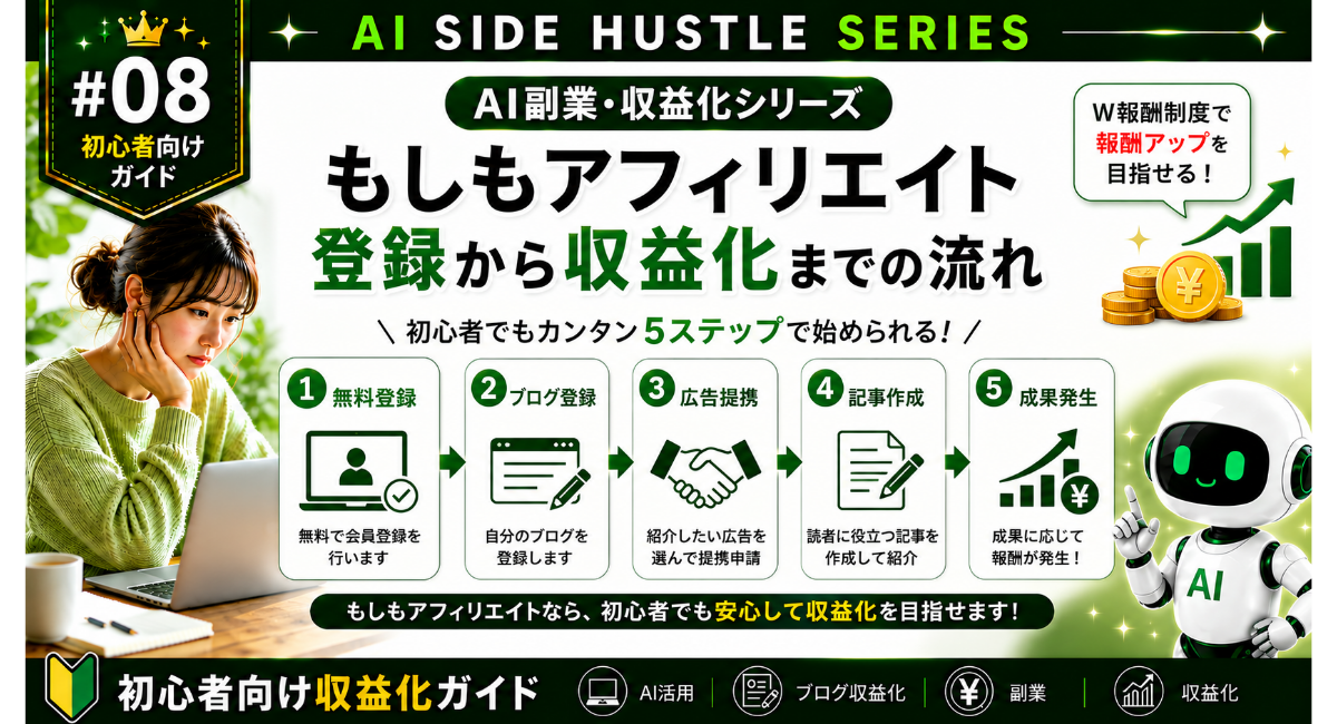 もしもアフィリエイトの始め方を初心者向けにわかりやすく紹介するX投稿用の正方形画像。無料会員登録からブログ登録、広告提携、記事作成、成果発生までの5ステップを図解し、W報酬制度や初心者でも始めやすい収益化の流れをまとめたAI副業・収益化シリーズ第8弾のアイキャッチ画像。