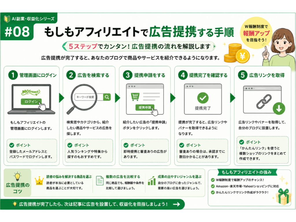 もしもアフィリエイトで広告提携を行う手順を初心者向けに5ステップで図解したインフォグラフィック。管理画面へのログイン、広告検索、提携申請、承認確認、広告リンク取得までの流れと、広告提携のコツやW報酬制度、かんたんリンクの特徴をわかりやすく解説した画像。