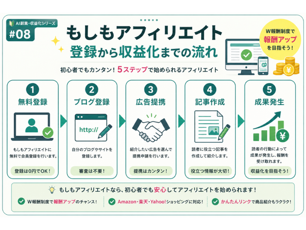 もしもアフィリエイトの登録から収益化までの流れを初心者向けに5ステップで図解したインフォグラフィック。無料会員登録、ブログ登録、広告提携、記事作成、成果発生までの流れをわかりやすく解説し、W報酬制度やAmazon・楽天市場・Yahoo!ショッピング対応など、もしもアフィリエイトの特徴も紹介している。
