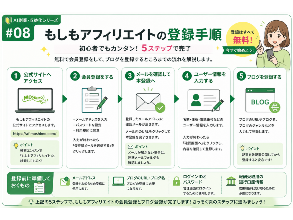 もしもアフィリエイトの登録手順を初心者向けに5ステップで図解したインフォグラフィック。公式サイトへのアクセス、無料会員登録、メール認証、ユーザー情報の入力、ブログ登録までの流れと、登録前に準備するものをわかりやすくまとめた画像。