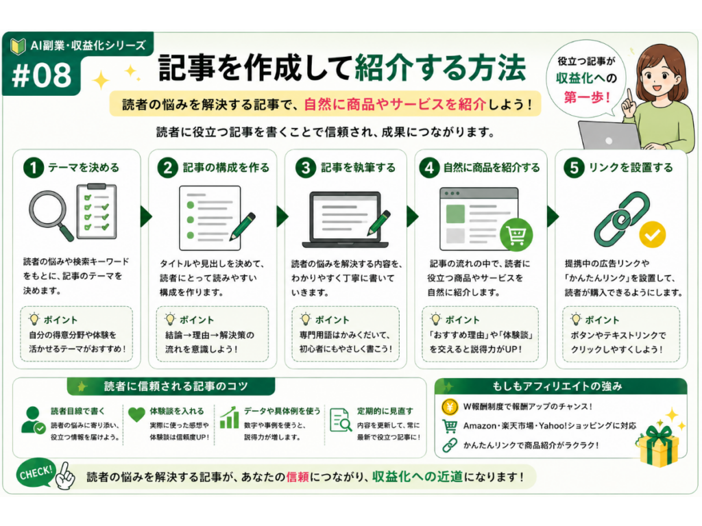 もしもアフィリエイトで収益化を目指す初心者向けロードマップを5ステップで図解したインフォグラフィック。登録、広告提携、読者に役立つ記事作成、アクセス獲得、成果発生までの流れと、収益化につながるポイントをわかりやすく解説した画像。