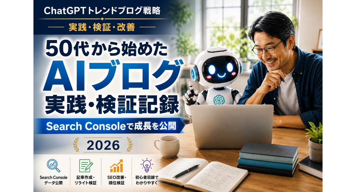 50代からAIブログを始めた実践・検証記録を紹介するアイキャッチ画像。ChatGPTを活用しながらSearch Consoleで検索順位やアクセスの成長を検証するブランドページ。