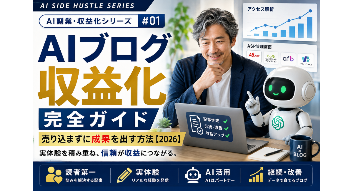 50代の男性ブロガーとChatGPTロボットがアクセス解析やASP管理画面を確認しながら、AIブログの収益化について実体験をもとに解説しているアイキャッチ画像。売り込まずに信頼を積み重ねるアフィリエイト戦略や、AIを活用したブログ運営、継続的な改善による収益化の方法を初心者向けにわかりやすく紹介している。