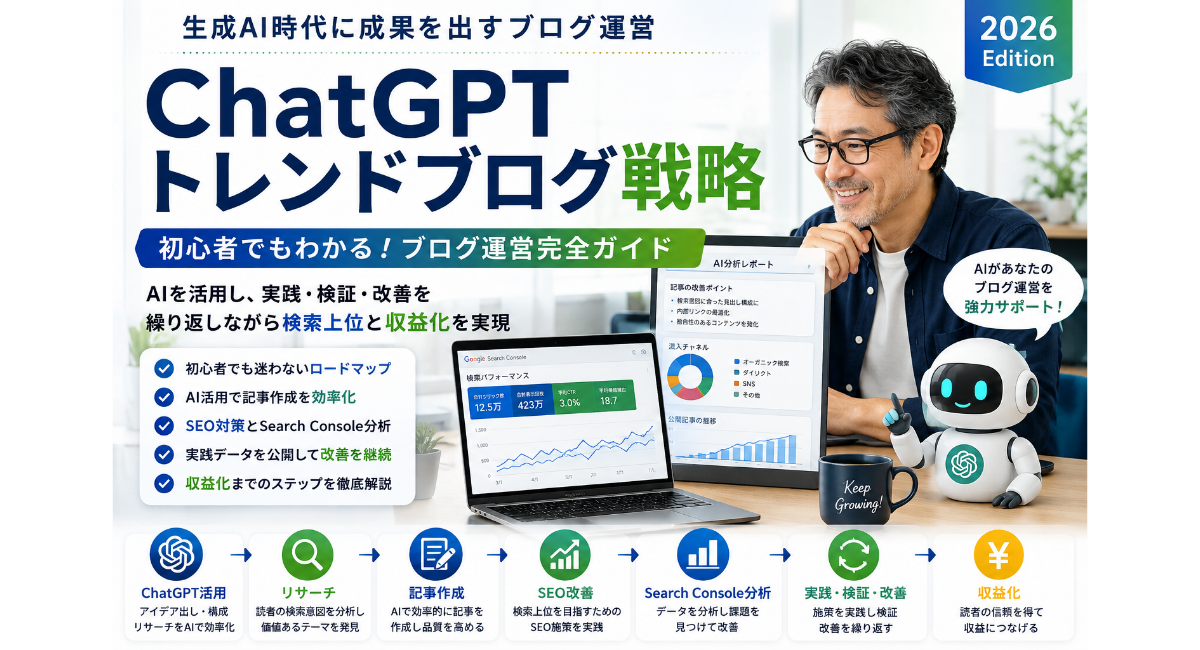 ChatGPTや生成AIを活用したブログ運営・SEO・収益化を実践と検証を通じてわかりやすく解説する『ChatGPTトレンドブログ戦略』のアイキャッチ画像。50代男性とAIロボットがSearch Consoleを分析しながら、AI活用・記事作成・SEO改善・実践検証・収益化までの流れを紹介している。