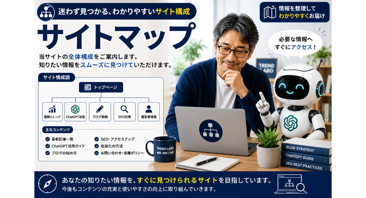 50代の男性運営者とChatGPTロボットがノートパソコンを見ながらサイト全体の構成を案内している「サイトマップ」ページのアイキャッチ画像。カテゴリーや主要コンテンツを分かりやすく整理し、目的の情報へスムーズにアクセスできるサイト設計を表現している。