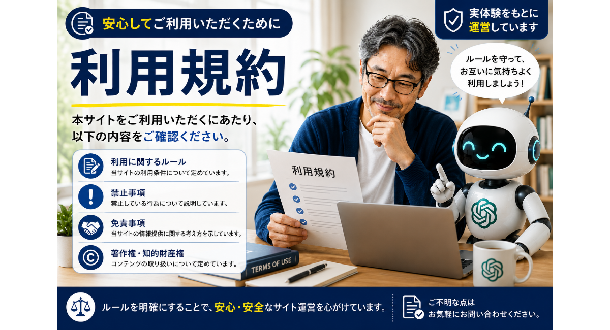 50代の男性運営者とChatGPTロボットが利用規約の書類を確認しながら、安心・安全なサイト利用のルールや著作権、禁止事項についてわかりやすく案内している「利用規約」ページのアイキャッチ画像。誠実で透明性のあるサイト運営を表現している。