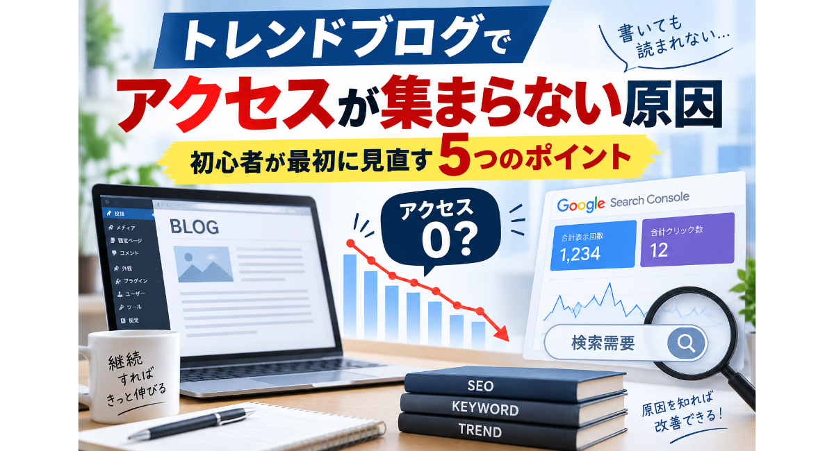 「トレンドブログでアクセスが集まらない原因をテーマに、ブログ画面、下降するアクセスグラフ、Google Search Console、検索アイコンを配置したアイキャッチ画像」